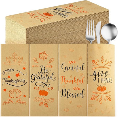 Sliner 200 Pcs Thanksgiving Cutlery Holders Fall Kraft Paper Silverware Bags Utensil Holders for Thanksgiving Party Decorations Autumn Farmhouse Harvest Party Favor Supply Table Decoration