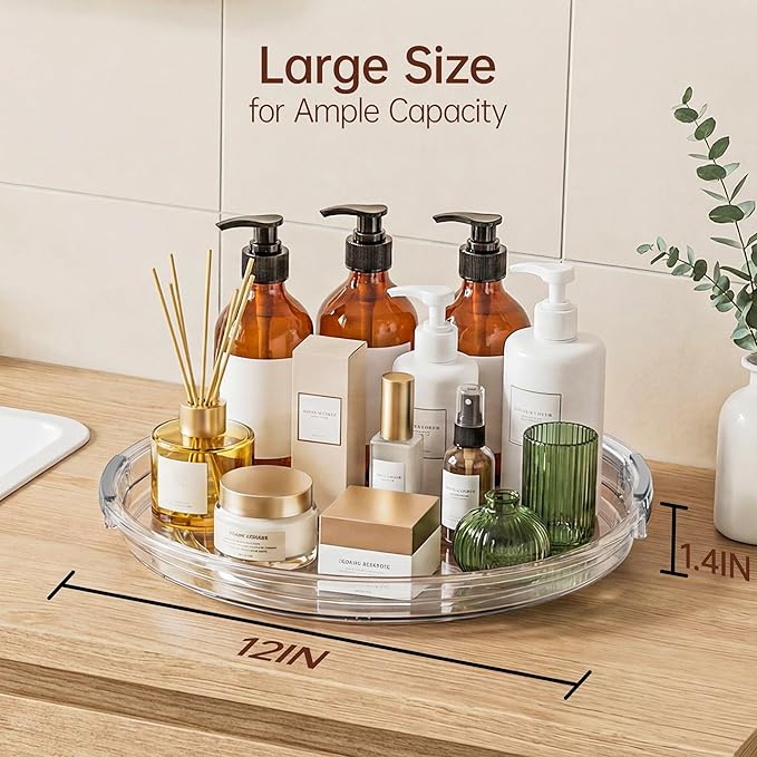 LAMU 12 Inch Lazy Susan Turntable, 360° Rotating Organizer Storage for Cabinet & Table Top, Pantry, Fridge, Bathroom, 4 Pack Clear Spice Rack, Kitchen Storage Tray for Medicine & Countertop