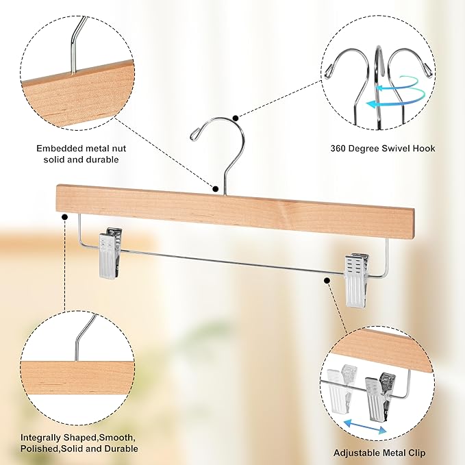 Quality Hangers Wooden Pants Hangers - Multi-Pack Swivel Hook Cloth Hanger Set - Lotus Wood Skirt, Pant, Shorts and Slack Hangers with Adjustable Clip – Clothing Hanger Set (Natural, 120)