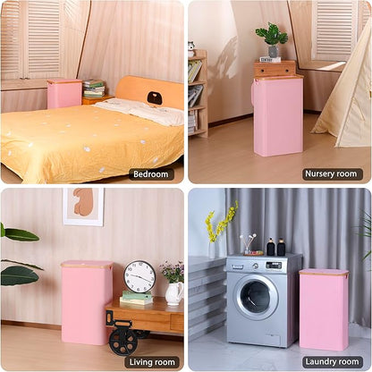 iEGrow 75L Slim Laundry Hamper, Narrow Laundry Basket with Lid,Foldable Clothes Hamper with Bamboo Handles,Hamper Basket with Removable Inner Bag for Laundry Room Bedroom College Dorm,19.8 Gals Pink
