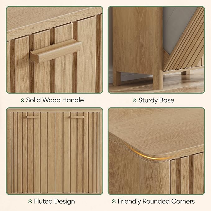 Double Tilt Out Laundry Hamper Cabinet, 11.8 Gallon Gradien Fluted Hidden Trash Cabinets with 2 Baskets for Bathroom Kitchen & Living Room, Freestanding Bathroom Storage Cabinet（Natural Oak）