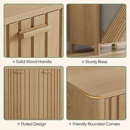 Double Tilt Out Laundry Hamper Cabinet, 11.8 Gallon Gradien Fluted Hidden Trash Cabinets with 2 Baskets for Bathroom Kitchen & Living Room, Freestanding Bathroom Storage Cabinet（Natural Oak）