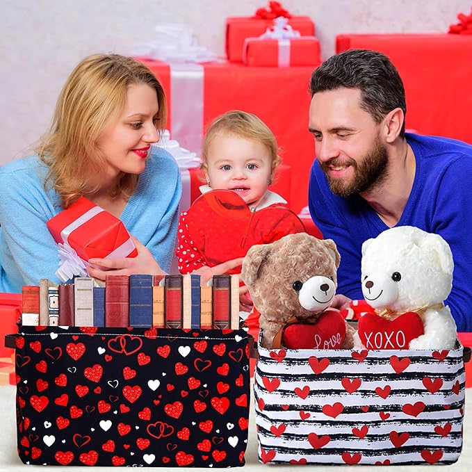 Geelin 3 Pcs Valentines Baskets Storage Valentine's Day Basket for Gifts Collapsible Waterproof Canvas Red White Black Heart Storage Bin Organizer with Handles for Book Closet Shelf Nursery Decor