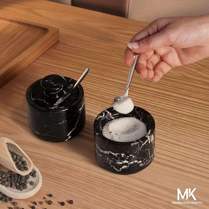 MARBLOUS KRAFTS Marble Salt Cellar with Lid and Spoon 3" Inch Black Zebra Flaky Salt Box for Gift, Modern Small Set of 2 Sugar Kitchen Countertop Storage, Coffee Container, Spice Jars, Candy Jar