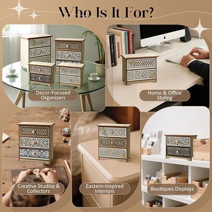Set of 4 Decorative Solid Wood Drawer Organizers with Artisan Lattice Fronts — Vintage Eastern-Inspired Desktop Storage, Stackable Small Drawer Cabinets for Counters Countertops Cabinet Top