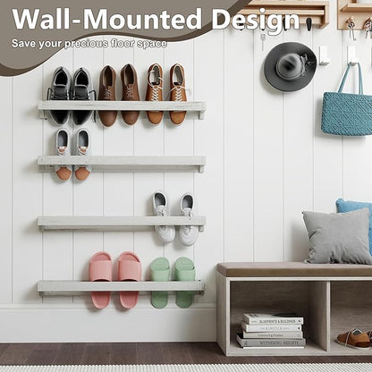 Nisorpa 30 Inch Shabby White Washed Wood Hanging Shoe Rack, Wall Mounted Shoe Rack Storage Organizer Space Saving Footwear Holder for Closet, Mudroom, Entryway, Holds 12 Pairs, Set of 4