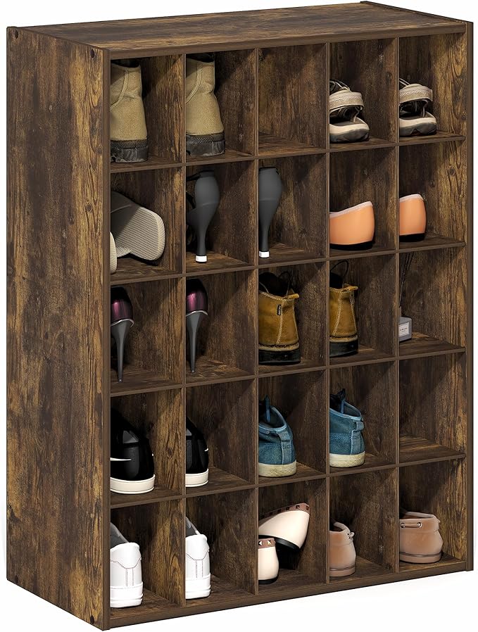 Furinno FANO Shoe Rack, 25-Cube Shoe Organizer, Stackable Shoe Organizer, 11.7 x 24.2 x 31.5, for Closet Entryway, Office, Garage, Amber Pine