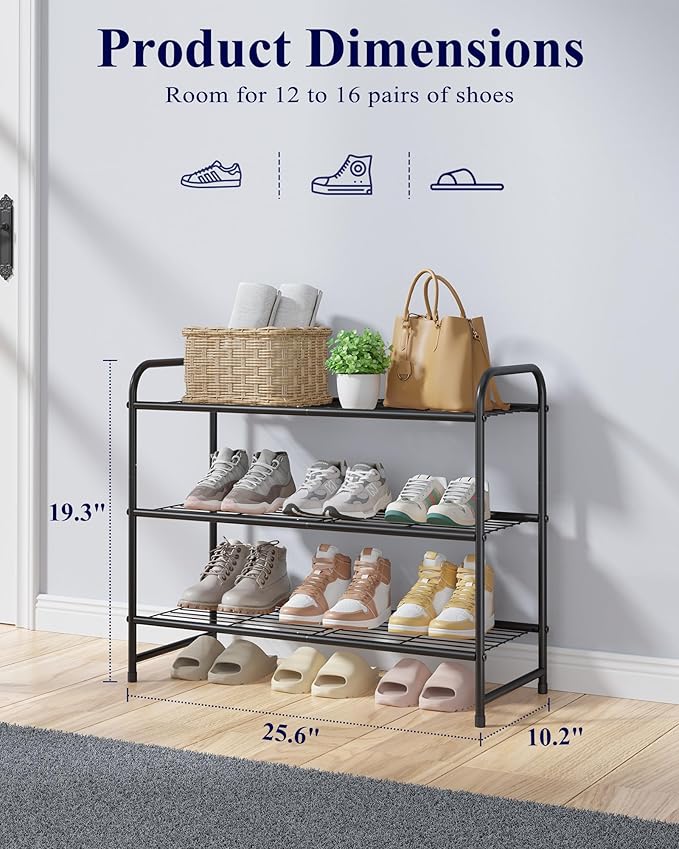 Kitsure Shoe Rack - Stainless Steel Shoe Organizer, Sturdy Shoe Rack for Closet and Front Door Entrance, Free Standing Shoe Shelf, Closet Organizers and Storage, 25.6" Wide - 3 Tier, Black