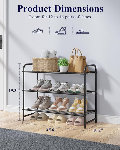 Kitsure Shoe Rack - Stainless Steel Shoe Organizer, Sturdy Shoe Rack for Closet and Front Door Entrance, Free Standing Shoe Shelf, Closet Organizers and Storage, 25.6" Wide - 3 Tier, Black