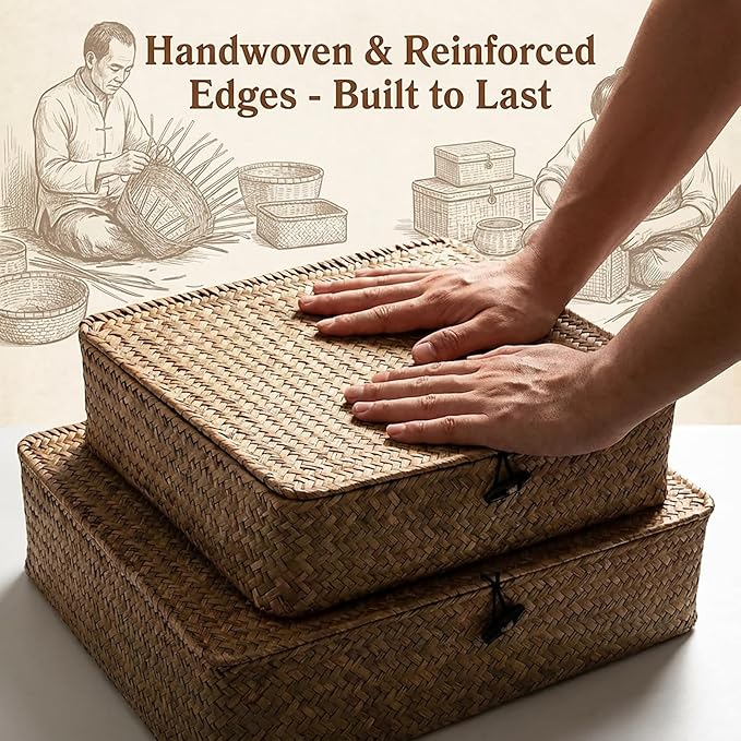 Elsjoy 2 Pack Flat Wicker Woven Storage Bins with Lid and Wood Toggle, Natural Handmade Seagrass Basket Set, Rattan Organizer Bins for Shelf, Closet, Bedroom