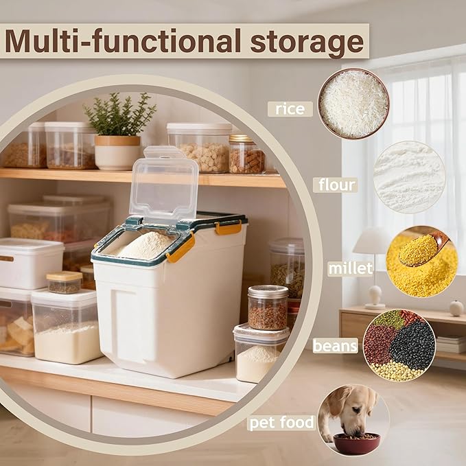 RUIAN 2Pcs Large Flour Storage Container Bin 25Lb Airtight Rice Storage Containers with Wheels Seal Locking Lid, BPA Free with Measuring Cup&Scoop for Flour, Rice, Grain 50LB Total(Blue)