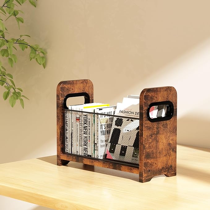 Wood Magazine Holder & Rack - Retro Brown Mesh Storage Basket for Books, Newspapers, Files - Desk/Floor Organizer