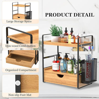 LEMIKKLE Bathroom Counter Organizer with Drawer and Basket,Wood Countertop Organizer for Bathroom Decor Makeup Tray for Perfume Skincare Bedroom Kitchen Corner