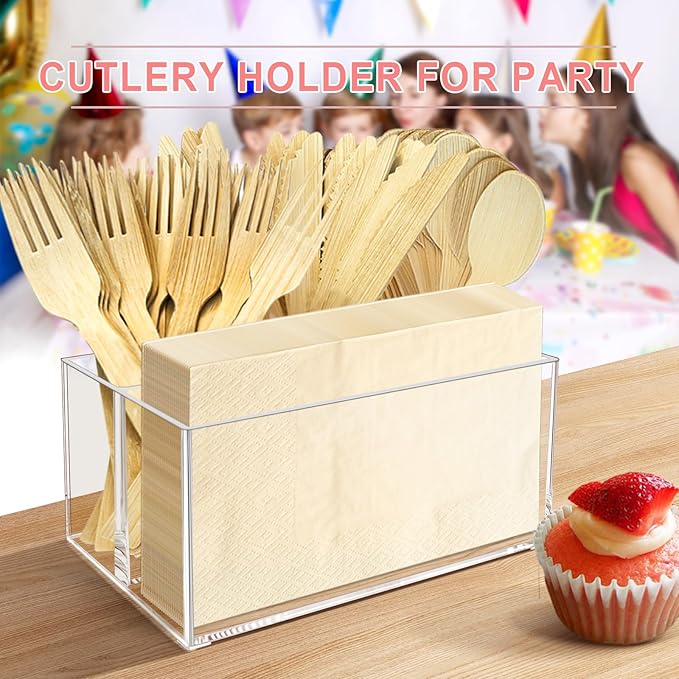Vowcarol Small Clear Plastic Silverware Caddy Cutlery Holder 7.1 x 4.6 x 3.1 inches 4 Compartments Tableware Storage Box for Napkin, Knife Spoon and Fork Holder