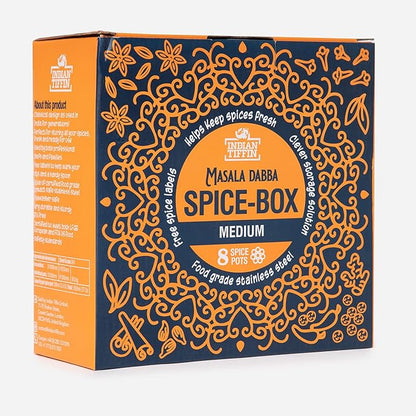 Indian-Tiffin Masala Dabba – Airtight Spice Container – Food Grade Stainless Steel – with Spice Labels & Spoon (Medium (18cm), Steel Lid, Clear Lids on Inner Pots)