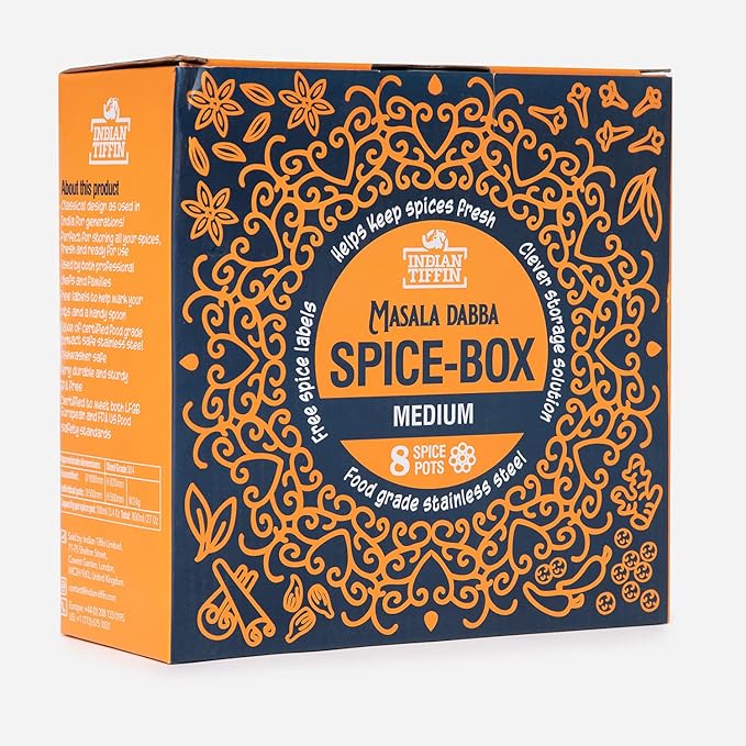 Indian-Tiffin Masala Dabba – Airtight Spice Container – Food Grade Stainless Steel – with Spice Labels & Spoon (Medium (18cm), Steel Lid, Inner Lid, No Lids on Inner Pots)