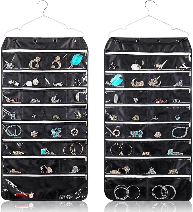 Flexzion Hanging Jewelry Organizer with Zippered Pockets - (1 Pack) Black Closet Jewelry Organizer Storage with Hanger, 56 Pockets Dual Sided Earring Organizer Hanging for Bracelets, Watches, Ring