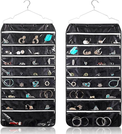 Flexzion Hanging Jewelry Organizer with Zippered Pockets - (1 Pack) Black Closet Jewelry Organizer Storage with Hanger, 56 Pockets Dual Sided Earring Organizer Hanging for Bracelets, Watches, Ring