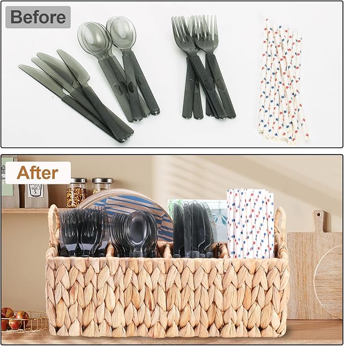 Wicker Party Silverware Caddy, Water Hyacinth Plastic Cutlery Utensil Holder, Hand Woven with Handles, Kitchen Countertop and Picnic flatware Organizer (5 compartments)