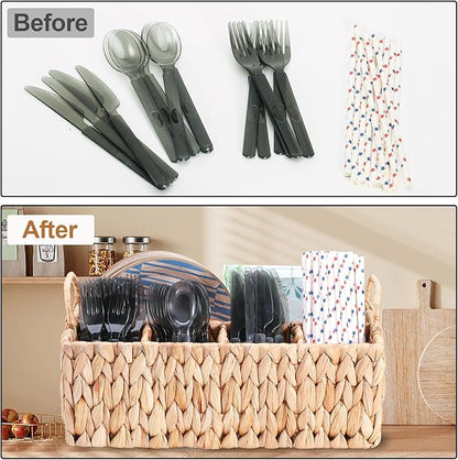 Wicker Party Silverware Caddy, Water Hyacinth Plastic Cutlery Utensil Holder, Hand Woven with Handles, Kitchen Countertop and Picnic flatware Organizer (5 compartments)