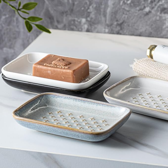 Premium Ceramic Soap Dish Holder - Large 5.5 Inch Soap Saver Tray with Non-Slip Base, Multi-Use for Bar Soap, Sponge, Butter & Jewelry - Elegant Gift for Bathroom, Kitchen, Shower Countertop - Gray