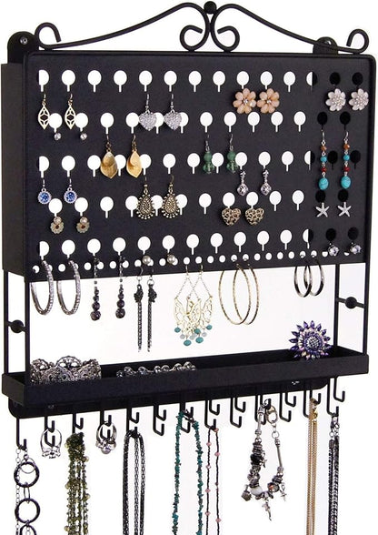 Angelynn's Wall Mounted Earring Holder Necklace Organizer for Small and Medium Post Stud Dangle Pierced Earrings, Hanging Closet Jewelry Storage Rack with Tray, AAA Black 14 1/2" x16 1/4"