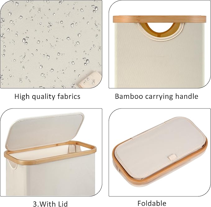Slim Laundry Hamper,Narrow laundry Hamper with Lid,60L Hamper for Laundry,Dirty Cloth Hamper with Bamboo Handle for Towels, Clothes Organizing,Beige