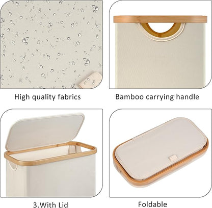 Slim Laundry Hamper,Narrow laundry Hamper with Lid,60L Hamper for Laundry,Dirty Cloth Hamper with Bamboo Handle for Towels, Clothes Organizing,Beige