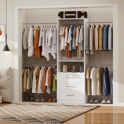 5–9FT Closet System with 3 Wood Drawers, Closet Organizer System with 5 Expandable Hanging Rods, Walk-in Closet System with Shelves, Wall Mounted Built-in Closet Organization System