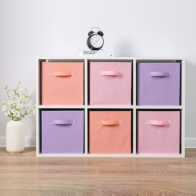 Stero Fabric Storage Bins 6 Pack Fun Colored Durable Storage Cubes with Fabric Handles Foldable Cube Baskets for Home, Kids Room, Closet and Toys Organization Purple, Pink, peachpuff