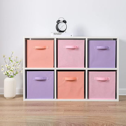 Stero Fabric Storage Bins 6 Pack Fun Colored Durable Storage Cubes with Fabric Handles Foldable Cube Baskets for Home, Kids Room, Closet and Toys Organization Purple, Pink, peachpuff