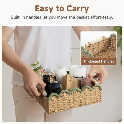 StorageWorks Toilet Paper Storage Basket 2 Pack, Toilet Basket with Wooden Handles, Small Wicker Decorative Scalloped Baskets for Organizing, Shelves, Counters, Green Rope
