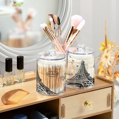 Paris Eiffel Tower Qtip Holder Dispenser 2 PCS Plastic Bathroom Canister Apothecary Jars with Lid 14 oz Vanity Makeup Storage Organizer for Cotton Swabs, Balls, Pads, Floss