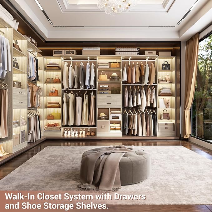 Besiost Closet System - 9.4FT/112" Closet Organizer System with Wooden Drawers,Closet Systems for Walk-In Closets with Hang Rods and Open Cabinet, Greige Oak
