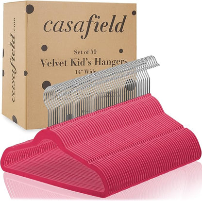 Casafield 50 Velvet Kid's Hangers - 14" Size for Children's Clothes - Pink