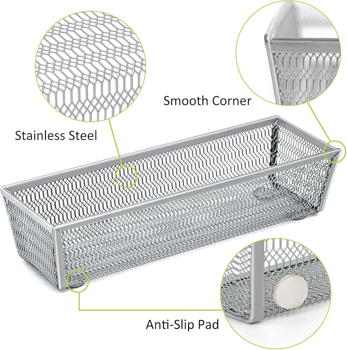 Neudeco Drawer Organizer Set 6 Pack - 5-Compartment Silverware Organizer Tray + 5 Utensil Trays, Kitchen Drawer Organizer for Flatware, Cutlery, Office Supplies, Silver Mesh, Non-Slip