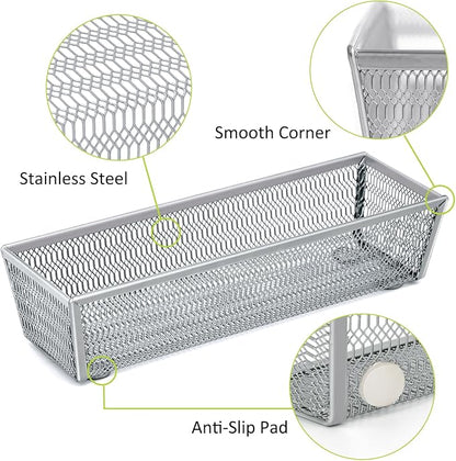 Neudeco Drawer Organizer Set 6 Pack - 5-Compartment Silverware Organizer Tray + 5 Utensil Trays, Kitchen Drawer Organizer for Flatware, Cutlery, Office Supplies, Silver Mesh, Non-Slip