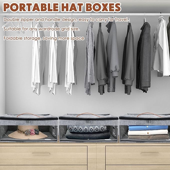 Kigley 3 Pcs Hat Storage Boxes, Hat Travel Case, Hats Organizer with Lids Cowboy Hat Holder for Baseball Caps Collapsible Foldable Stackable Hat Box for Men Women Home Closet, Grey