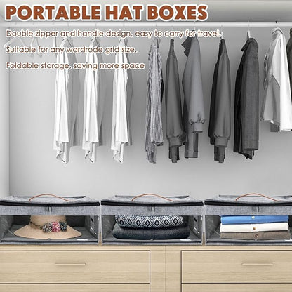 Kigley 3 Pcs Hat Storage Boxes, Hat Travel Case, Hats Organizer with Lids Cowboy Hat Holder for Baseball Caps Collapsible Foldable Stackable Hat Box for Men Women Home Closet, Grey