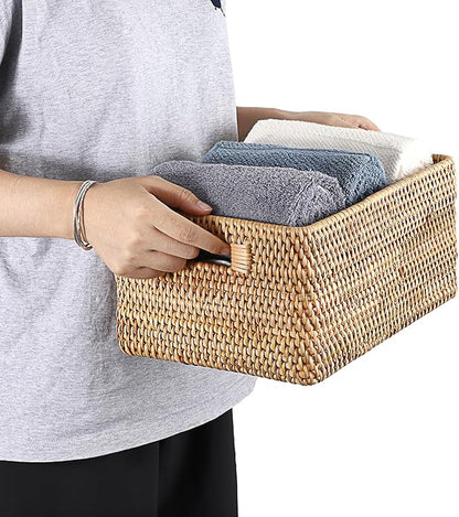 Hipiwe Handwoven Rattan Basket Wicker Storage Basket Box with Build-in Handles Natural Open Storage Bin for Shelf Bathroom Living Room Kitchen, 13" x 8.7" x 5.9"