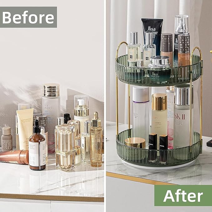 360° Rotating Makeup Organizer for Vanity, Large Capacity Bathroom Countertop Skincare, Spinning Perfume Cosmetics Organizer for Dresser Countertop, 2 Tier Green