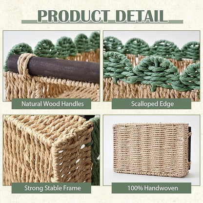 Wicker Basket with Built-in Handles, Small Scalloped Basket for Organizing, Set of 2 Decorative Baskets for Home and Toilet Paper Storage（Beige+Green）
