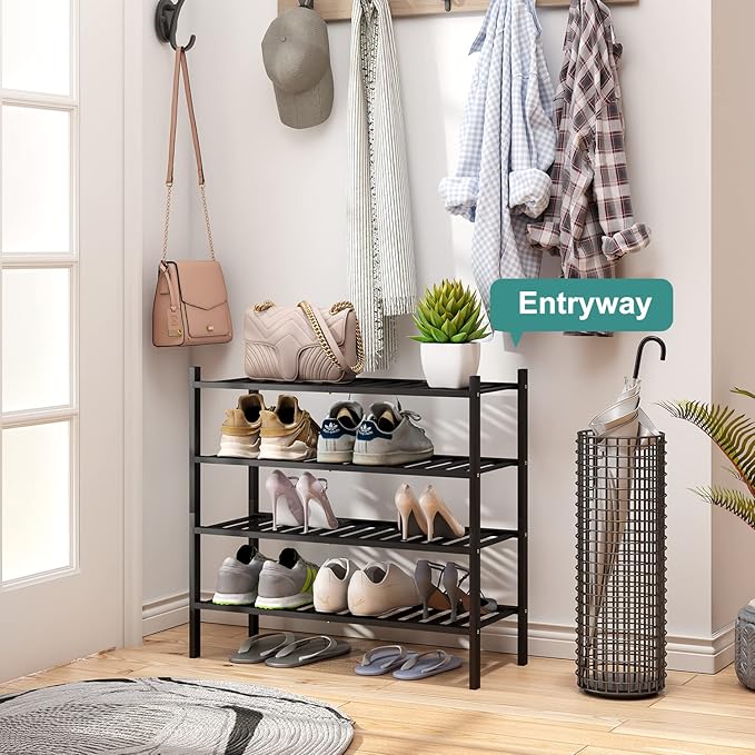 viewcare 4-Tier Black Bamboo Shoe Rack for Entryway, Stackable | Foldable | Natural, Shoe Organizer for Hallway Closet, Free Standing Shoe Racks for Indoor Outdoor