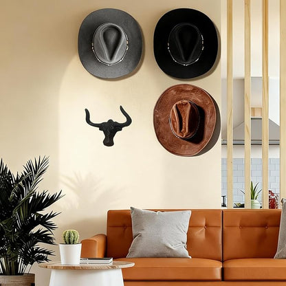 Cowboy Hat Holder for Wall, 2 Pack Cowboy Hat Rack Cast Iron Hat Holder Cowgirl Hat Hooks Vintage Western Wall Decor for Bathroom Entryway Closet Cow Bull Animal Farmhouse Gift Antique Rust (2)