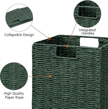 Vagusicc Wicker Storage Basket, Set of 2 Hand-Woven Paper Rope Wicker Basket, Foldable Cube Storage Bins, Square Large Storage Baskets for Organizing Shelves & Decor, Orange (13″×13″×13″)