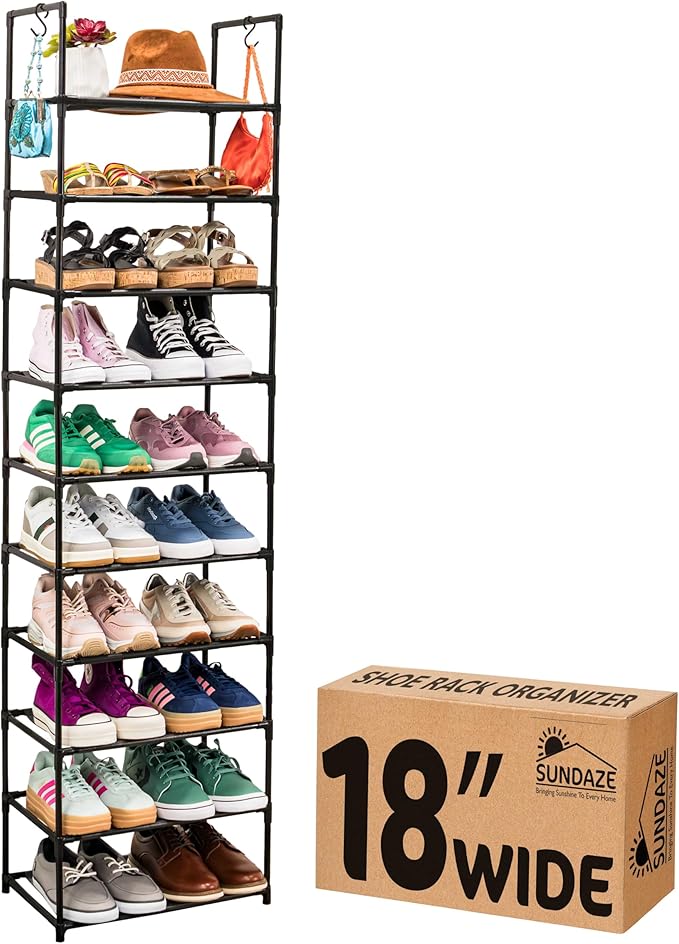 Sundaze Shoe Rack - 10 Tier Tall Shoe Rack for Closet, Sturdy Stackable Shoe Organizer for Closet, Bedroom, Entryway, Garage, Non Woven Fabric Shelf, Black, Holds 20-30 Pairs