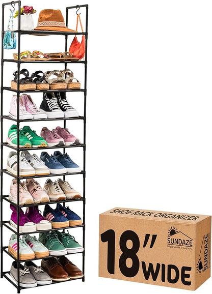 Sundaze Shoe Rack - 10 Tier Tall Shoe Rack for Closet, Sturdy Stackable Shoe Organizer for Closet, Bedroom, Entryway, Garage, Non Woven Fabric Shelf, Black, Holds 20-30 Pairs