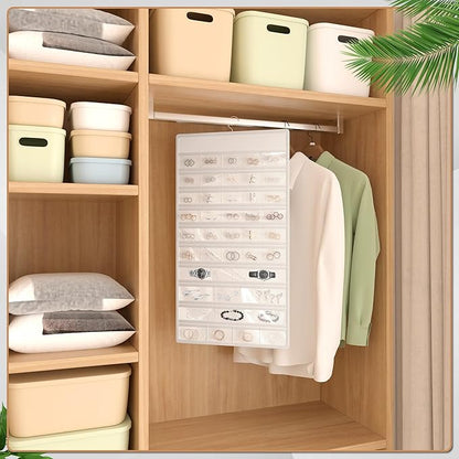 Hanging Jewelry Organizer Storage Roll, Double-Sided Necklaces Holder, 42 Pockets Plus 36 hooks Earrings Organizer Hang in Closet, On Wall, or Doors, White