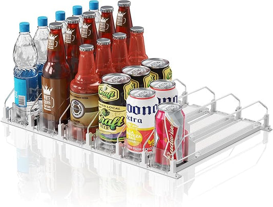 Drink Organizer for Fridge,12oz 16oz 20oz - Soda Can Dispenser for Refrigerator,Width Adjustable,Automatic Pusher Glide (White, 15" D 6ROW, Holds 30 Cans)