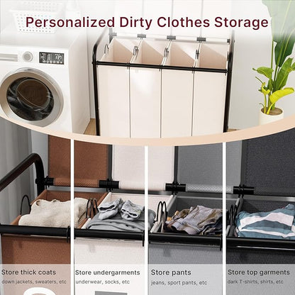 180L Laundry Sorter 4 Section – Heavy Duty Rolling Laundry Basket with Lockable Wheels and Lid, 4 Large Separate Removable Bags, Laundry Hamper Cart for Laundry Room Organizer (White)